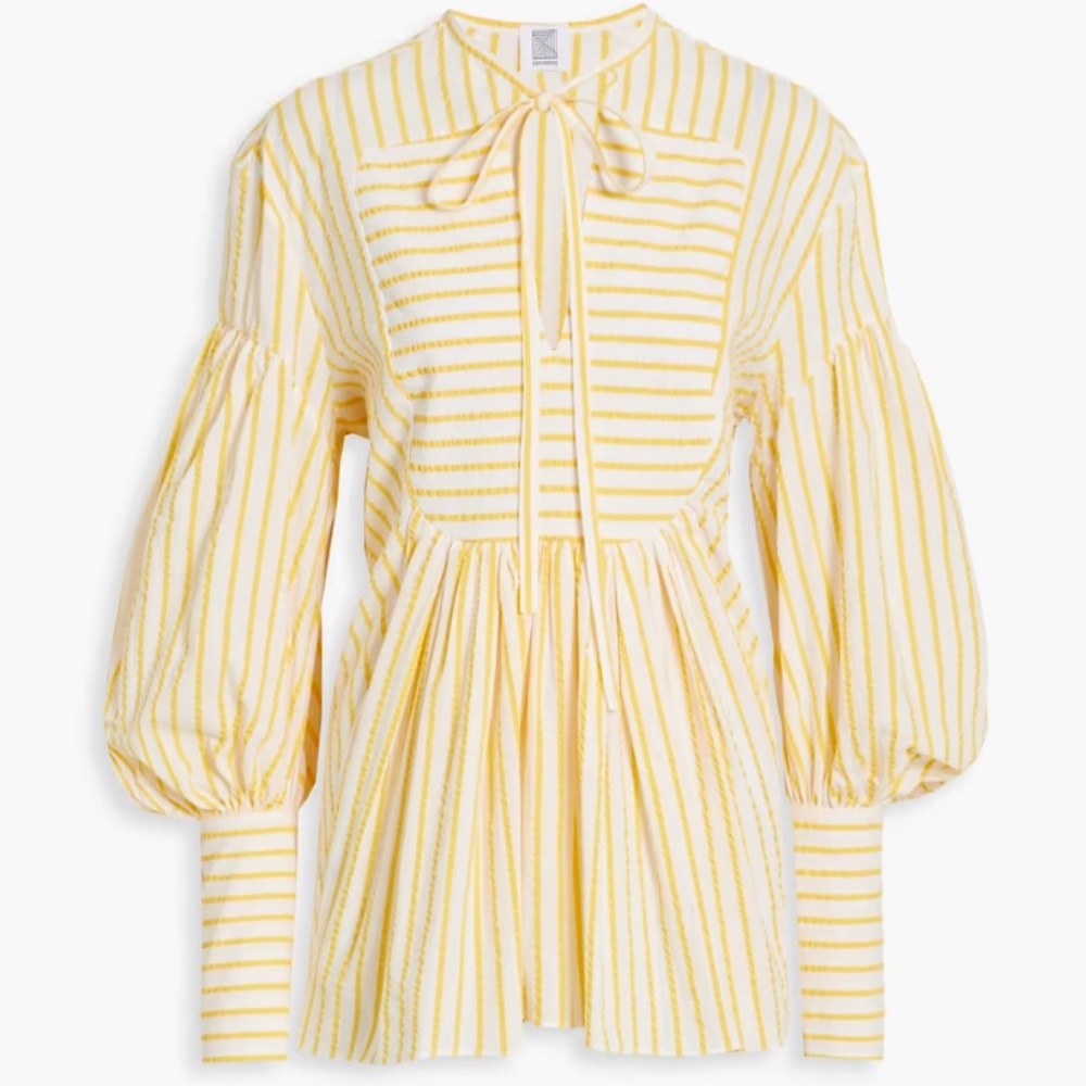 Rosie Assoulin Yellow and White Striped Puff-Sleeve Tunic